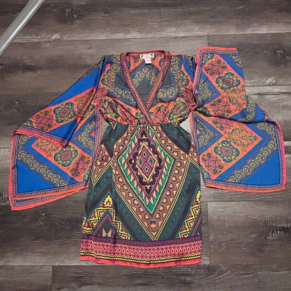 Flying Tomato Flair Long Sleeve Boho Dress-Mini-Paisley-Size Small-V Neck - Picture 5 of 7